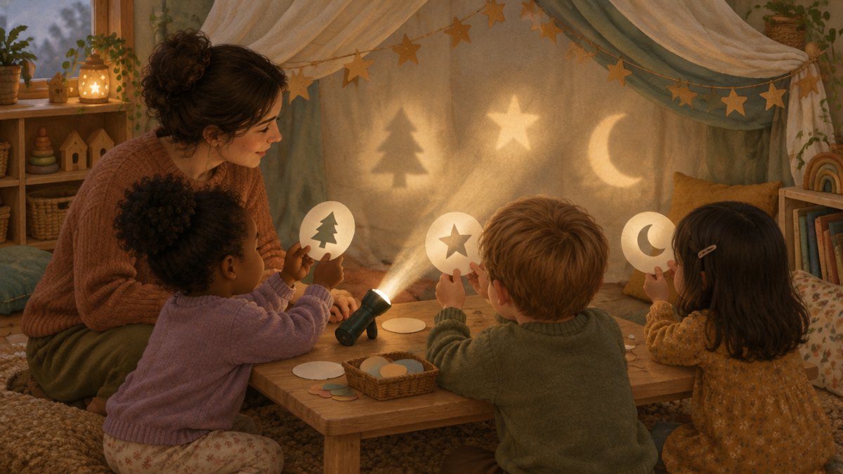 Ilustracja: nauczycielka i dzieci podświetlają latarką papierowe kule w przyciemnionym kąciku sali