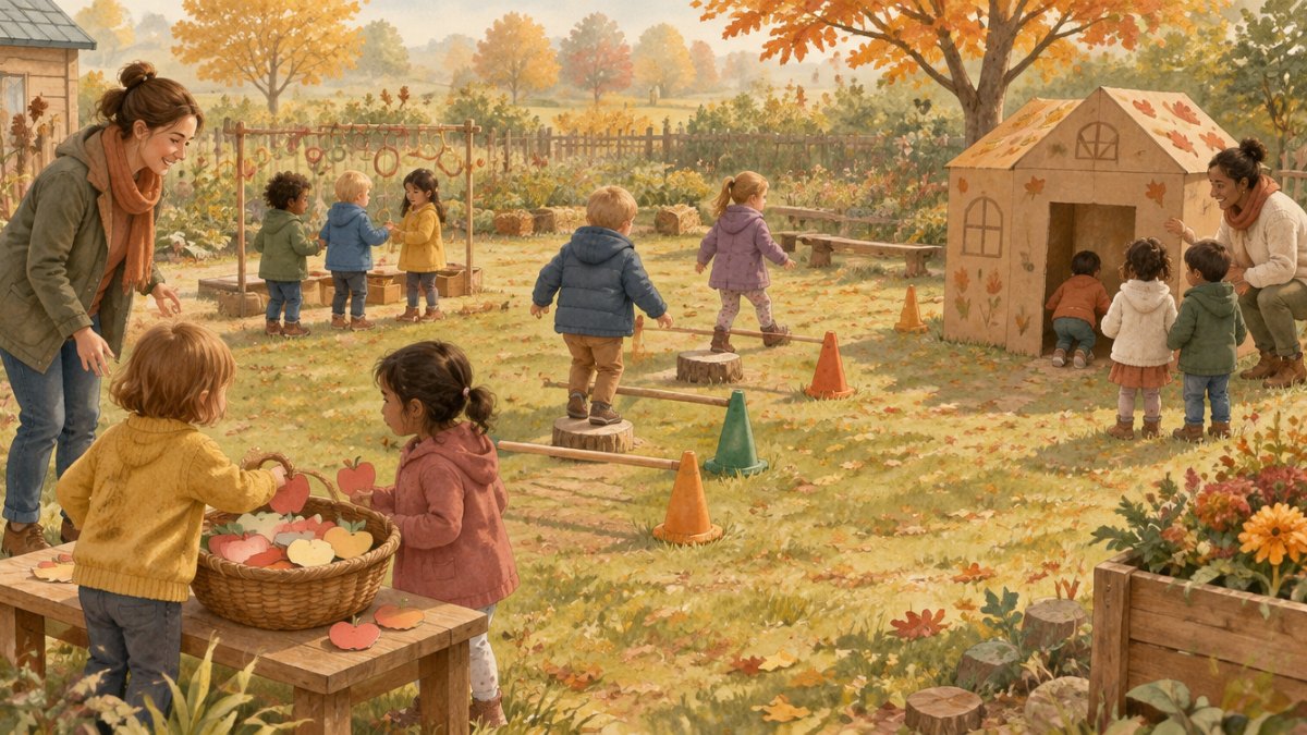 Ilustracja: drużyny dzieci przechodzą między bajkowymi stacjami w przedszkolnym ogrodzie