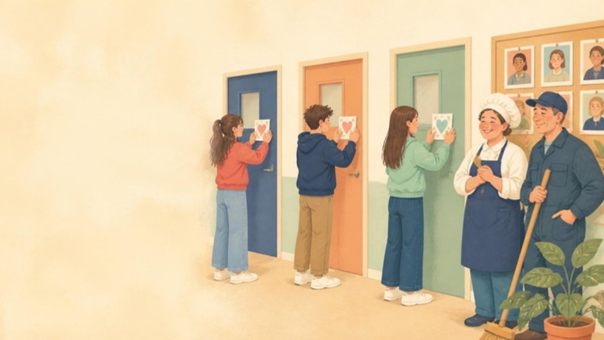 Ilustracja: uczniowie zostawiają podziękowania na drzwiach sekretariatu i kuchni, pracownicy szkoły – Dzień Edukacji Narodowej