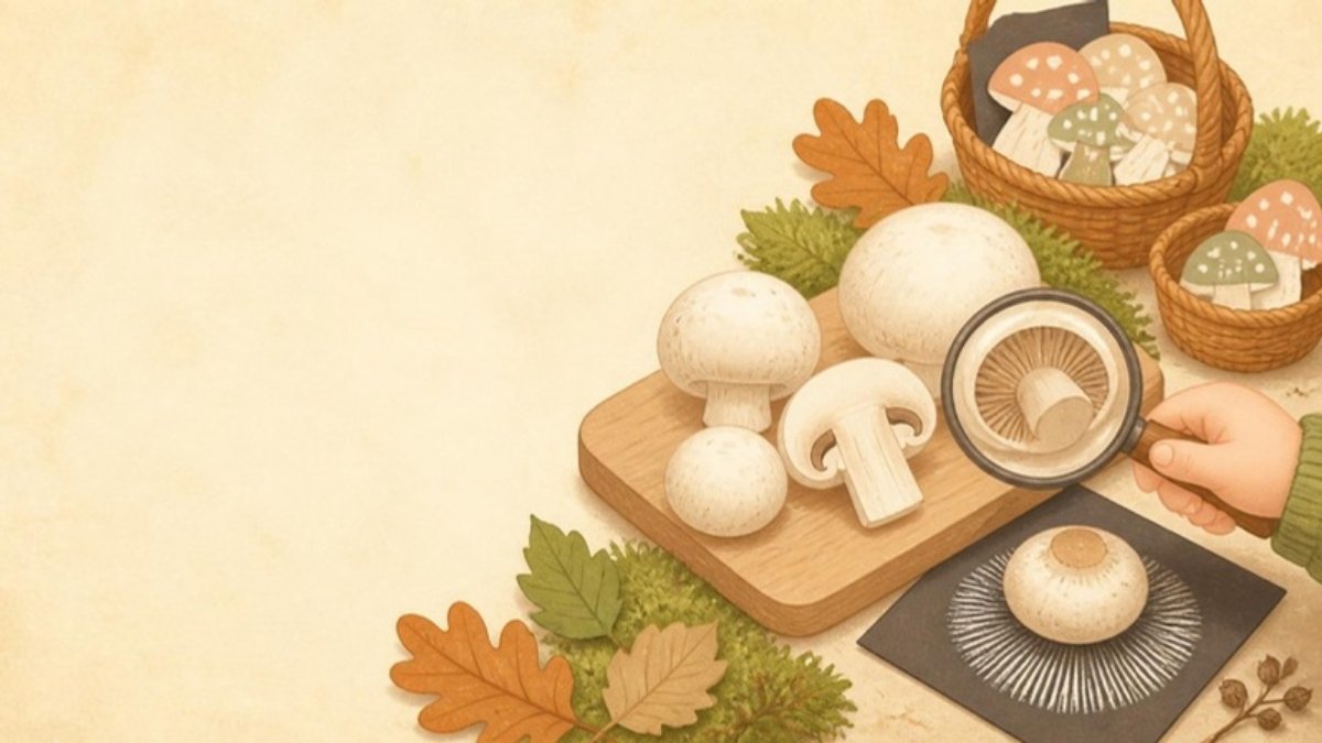 Ilustracja: pieczarki pod lupą, odcisk zarodników i koszyki – Dzień Grzyba w przedszkolu