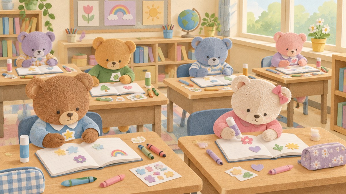 Ilustracja: pluszowe misie na ławkach w klasie, zeszyty i wklejki na Dzień Pluszowego Misia