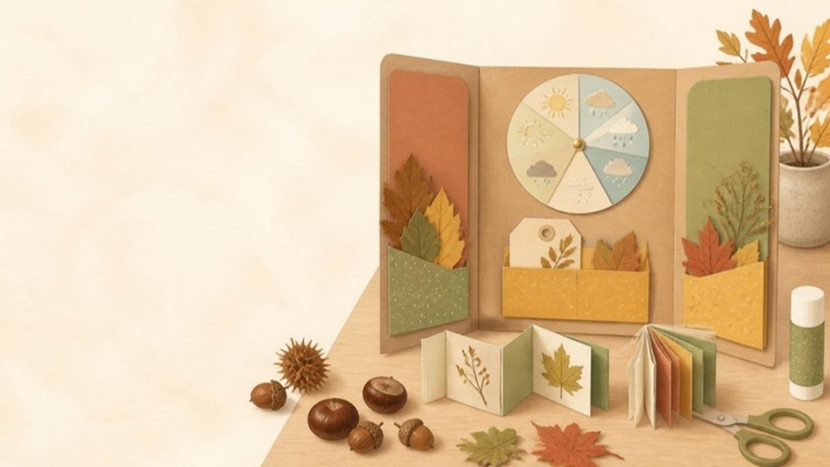 Ilustracja: jesienny lapbook z kieszonkami na liście, kołem pogody i harmonijkami