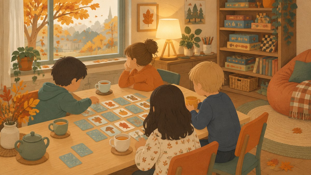 Ilustracja: świetlica szkolna w listopadzie, stół z grą memory, lampka i jesienne liście za oknem